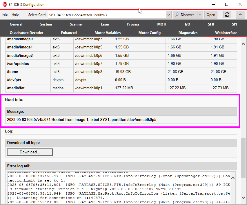 SP-ICE-3 WebIF Status with Boot Message